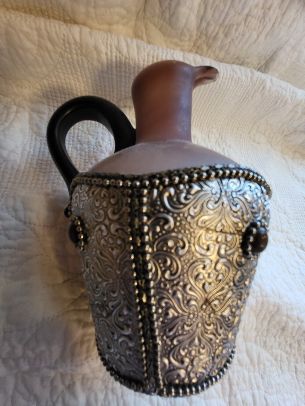 VTG. Handmade 6.75x5 In. Pitcher Vase in Purple and Black With Silver & Jewels9